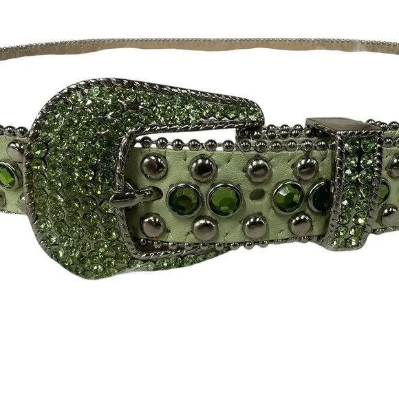 Christine Alexander Swarovski Crystal Studded Green Leather Belt Size Large - Picture 11 of 16